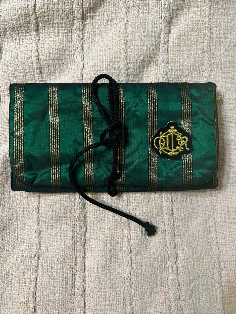 Vintage Christian Dior green and Gold Striped Satin Jewelry travel pouch.